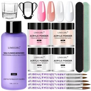 Nail Art Tools Acrylic Resin Crystal & Glitter Powder Set with Buffing Strip Brush Paper Holder Full Set